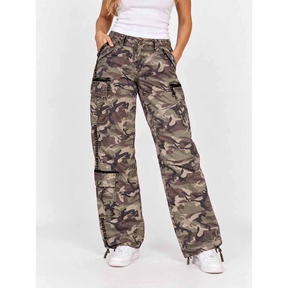 Y2K Abercrombie & Fitch Camo Cargo Pants 27/4L Paratrooper Stretch Low Rise Khak
